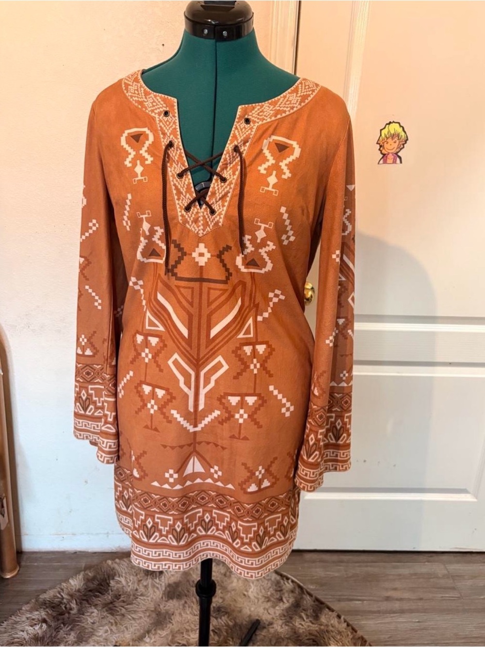 Boho Rust Tunic Dress with Lace-Up Neck